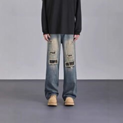 Mens American-style Streetwear Camouflage Ripped Jeans - Blue, XL