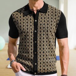 Summer Tencel Short-sleeved Sweater Lapel Jacquard Cardigan For Men - Black, M