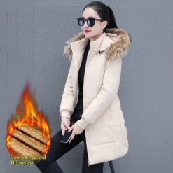 Detachable Hooded Mid-Length Padded Coat With A Big Fur Collar - Beige, 4XL