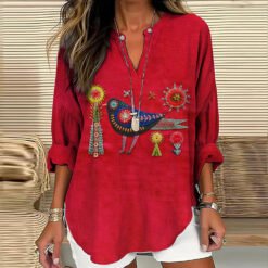 Womens Creative Printed V-Neck Long-Sleeve T-Shirt - JLTX02 TCFS5017, 4XL