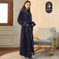 Autumn And Winter Thickened Cotton Velvet Nightgown Men's Winter Plus-sized Plus Size Light Luxury Couple Bathrobe Women's Extended Pajamas - 2102 Navy Blue Female, XXXL