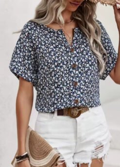 Womens Casual Plant-Print Jacquard Collar Short-Sleeve T-Shirt - JM73, M