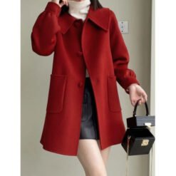 Womens Stylish Casual Doll-Neck Wool Coat - Red, M