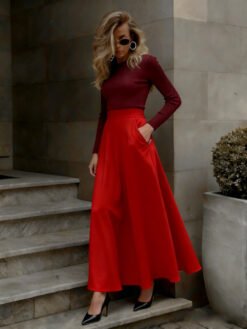Elegant Solid-Color Skirt For Women - Red, M