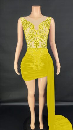 Summer Luxury Evening Dress Female Singer Stage Costume Senior Dress Side Trailing Skirt - Yellow, M