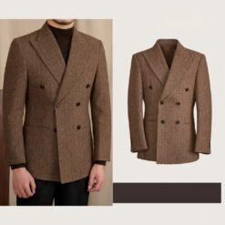 Tailored Wool-blend Herringbone Double-breasted Suit - Brown, M