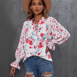 Shiying Autumn Lightweight Floral Chiffon Blouse With Long Sleeves