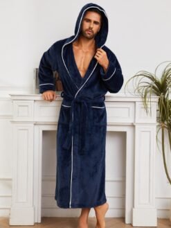 Fashion Men's Flannel Bathrobe Pajamas Women - Navy Blue, L