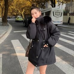 Womens Stylish Casual Loose-fitting Cotton-padded Coat - Black, 2XL