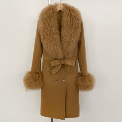 Long Double-faced Wool Coat With A Shearling Collar - Golden Camel, M