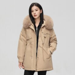 Mid-length Versatile Cotton Coat That Hits Below The Knee With A Fur-trimmed Collar - Khaki, XL