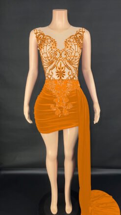 Summer Luxury Evening Dress Female Singer Stage Costume Senior Dress Side Trailing Skirt - Orange, XL