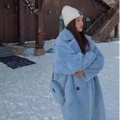 Womens Long Cashmere-Like Coat - Light Blue, 2XL