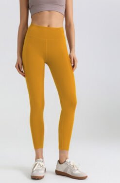 Mesh Side-pocket Stretchy Athletic Leggings - Ginger Yellow, XL