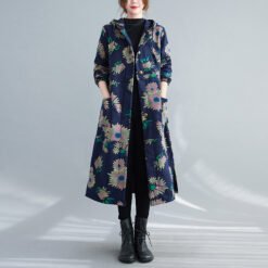 Retro Artistic Winter Long Cotton Coat With Fleece Lining - Blue Big Flower, XL