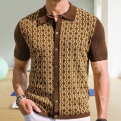Summer Tencel Short-sleeved Sweater Lapel Jacquard Cardigan For Men - Brown, S