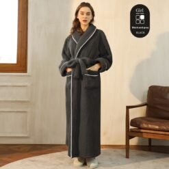 Autumn And Winter Thickened Cotton Velvet Nightgown Men's Winter Plus-sized Plus Size Light Luxury Couple Bathrobe Women's Extended Pajamas - 2102 Black And Gray Female, XXXL