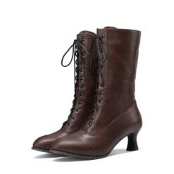 Cross-front Lace-up Low-heeled Womens Mid-calf Boots - Dark Brown, 47