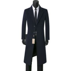 Mens Stylish Casual Wool Mid-length Coat - Navy Blue, XL