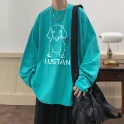 Cartoon Puppy Printed Long Sleeve T-shirt - Lake Blue, XL