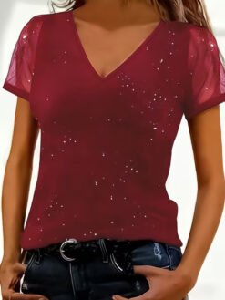 Short Sleeved Loose V-neck Fashionable Casual T-shirt - Red, XXL