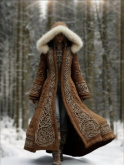 Long Loose-fitting Hooded Coat With A 3D Digital Print - Brown, L