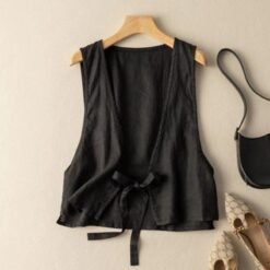 Versatile Ethnic-Style Cotton-Linen Solid-Color Lace-Up Vest Top For Women - Black, S