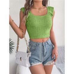 Sleeveless Knitted Crop Top With A Midriff-baring Design - Green, M
