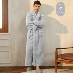 Autumn And Winter Thickened Cotton Velvet Nightgown Men's Winter Plus-sized Plus Size Light Luxury Couple Bathrobe Women's Extended Pajamas - 2102 Silver Men, M