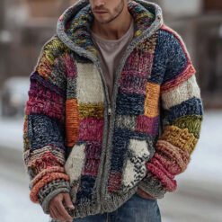 Mens Digital Plaid-Print Hoodie Coat - Multicolor, XS