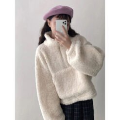 Womens HighEnd HalfZip StandUp Collar Sweatshirt - Beige, L