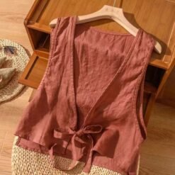 Versatile Ethnic-Style Cotton-Linen Solid-Color Lace-Up Vest Top For Women - Brick Red, S