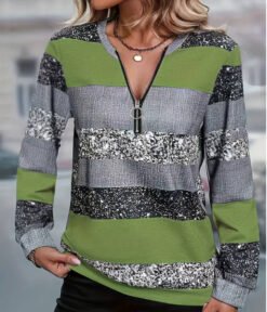 Womens FallWinter Crew-Neck Printed Loose-Fit Zip-Up Hoodie With Long Sleeves - NLW043455, 4XL