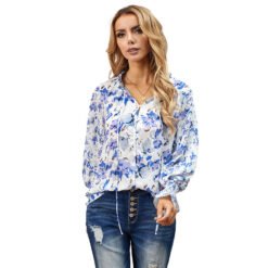 Shiying Autumn Lightweight Floral Chiffon Blouse With Long Sleeves - Blue, M
