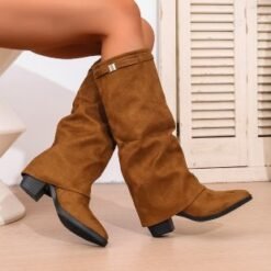 Autumn Chunky-Heel Plus-Size British-Style Over-the-Knee Boots - Brown Cloth Cover, 40