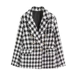 Womens 4-Color Textured Double-Breasted Midi Blazer - Plaid, L