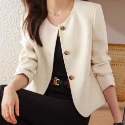 Womens Casual Cropped Jacket With A Crew Neck - Apricot, M