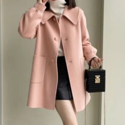 Womens Stylish Casual Doll-Neck Wool Coat - Pink, L