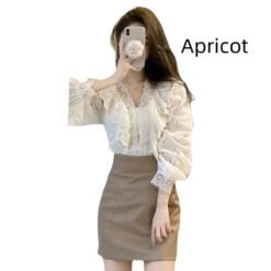 Korean-style Womens Lace Ruffled Puff Sleeves - Apricot, M