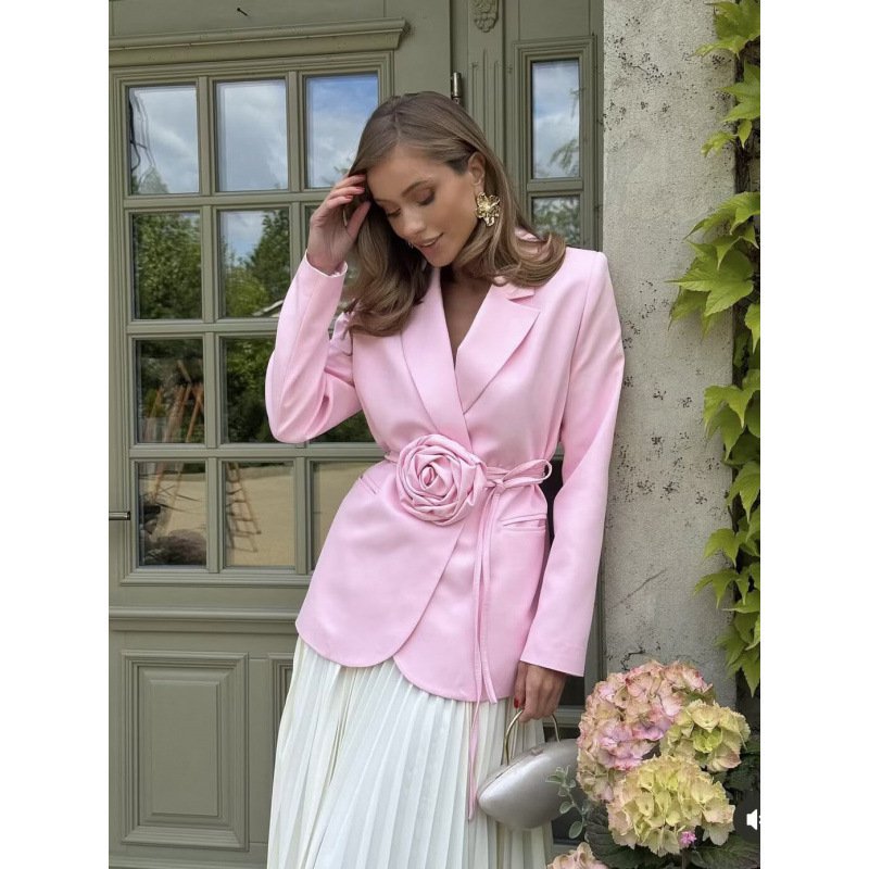 Womens Loose-Fit Lace-Up Blazer With 3D Floral Embellishments - Image 7