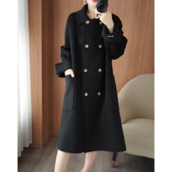 Long Below-the-Knee Double-Breasted Wool Coat In Korean Style - Black, L