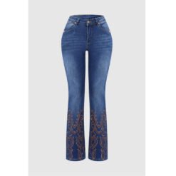 Womens Retro Beaded Embroidered Stretch Denim Jeans - Blue, XS