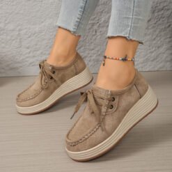 European And American-style Chunky-soled Womens Pumps With Front Laces Casual Chunky-soled Shoes - Khaki, 39