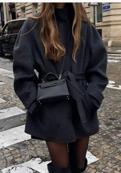 Womens Wool Coat With Belt Mock Neck And Solid Color - Black, XL