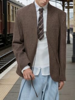 Brown Plaid Collarless Deconstructed Blazer Jacket