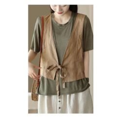 Versatile Ethnic-Style Cotton-Linen Solid-Color Lace-Up Vest Top For Women - Khaki, S