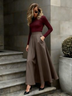 Elegant Solid-Color Skirt For Women - Brown, XL