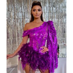 Purple Sequined Feather Skirt One-shoulder Sleeve Short Dress Luxury Party Stage Performance Dress - Purple, XS