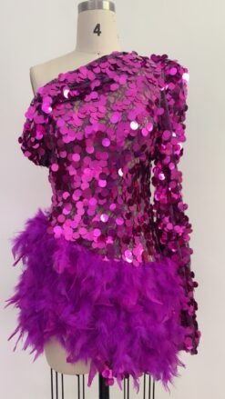 Alternative view of Purple Sequined Feather Skirt One-shoulder Sleeve Short Dress Luxury Party Stage Performance Dress