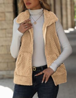 Cardigan Zipper Loose Pocket Double-Sided Fleece Vest - Apricot, M